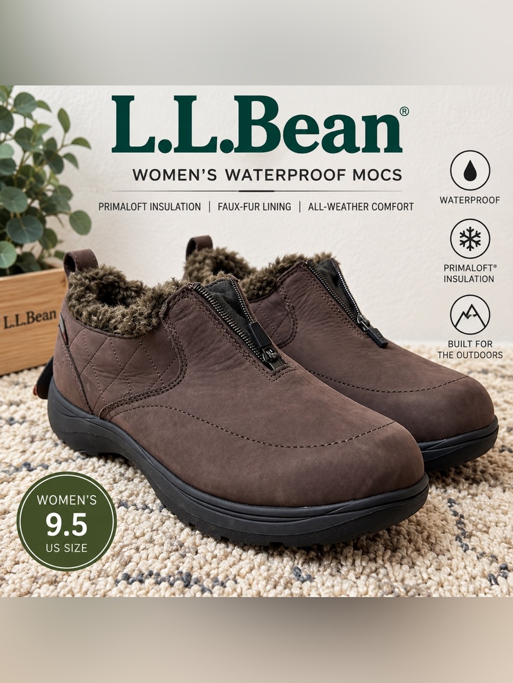 L.L.Bean Waterproof Mocs Women’s 9.5 Brown Leather Primaloft Fur Lined Shoes